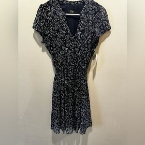 NWT MSK navy blue floral chiffon midi dress size 12P tie belt waist